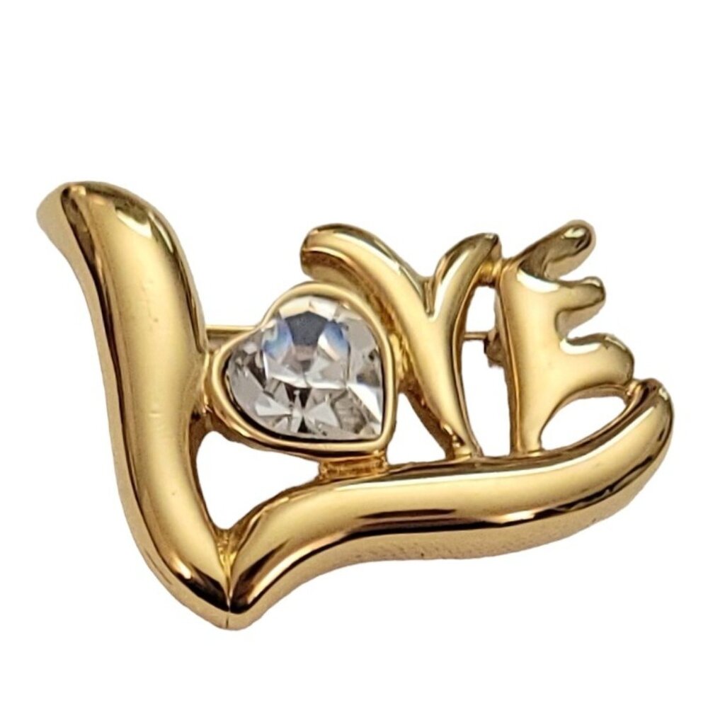 Monet Vintage Gold Tone Heart Rhinestone LOVE Brooch Pin, Signed L32 - Picture 2 of 10